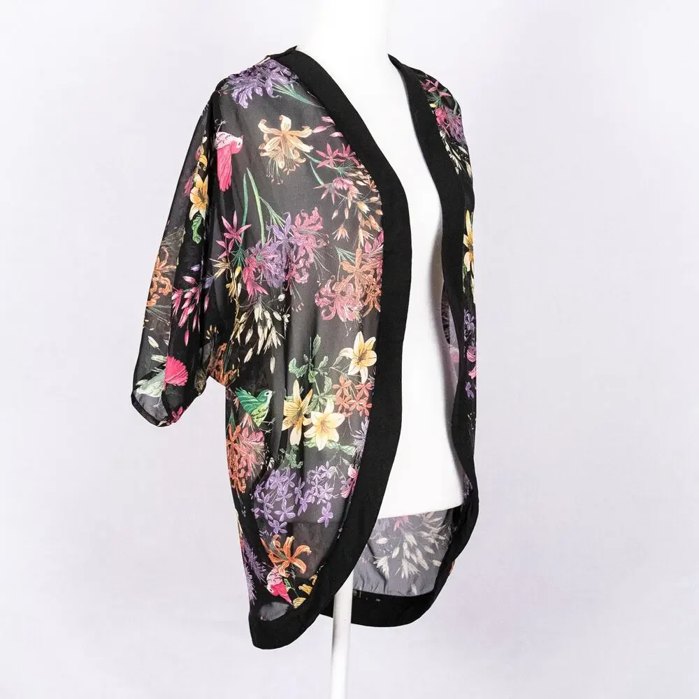 Sheer Floral Cover Up Kaftan Wrap Kimono Boho Cottage Floral Fairy Birds MEDIUM - Picture 3 of 6